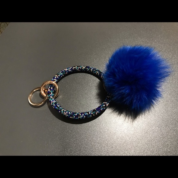 Pom Pom Crystal Rhinestone Bangle Key Ring - Royal Blue - Picture 3 of 4
